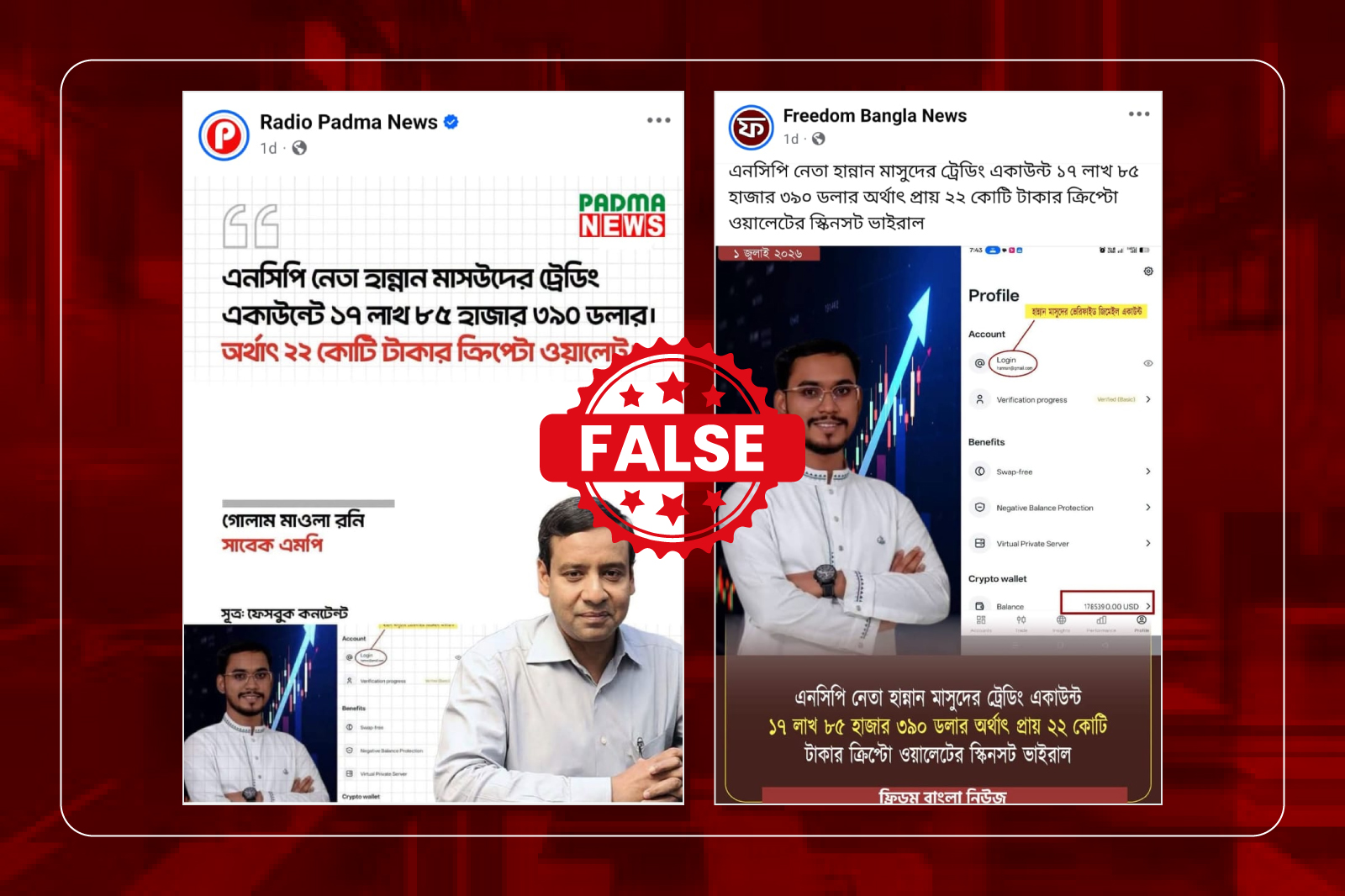 হান্নান মাসুদের ‘২২ কোটি টাকার ক্রিপ্টো ওয়ালেট’ নিয়ে গোলাম মাওলা রনির নামে প্রচারিত ফটোকার্ডটি ভুয়া